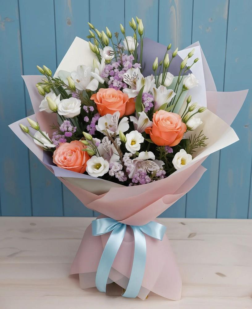 Букет цветов из: Лизиантусы, Розы, Альстромерии и Гипсофила в Королёве