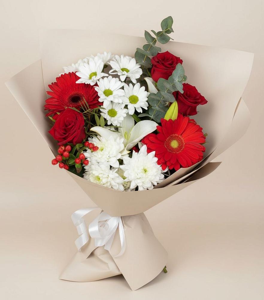 Букет цветов из: Розы, Хризантемы, Герберы и Лилии в Королёве