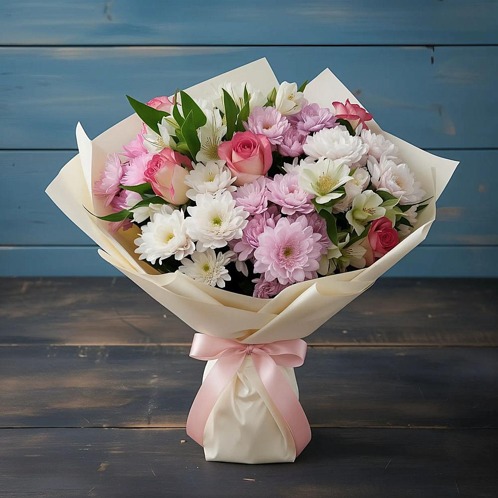 Букет цветов из: Хризантемы, Альстромерии и Розы в Королёве